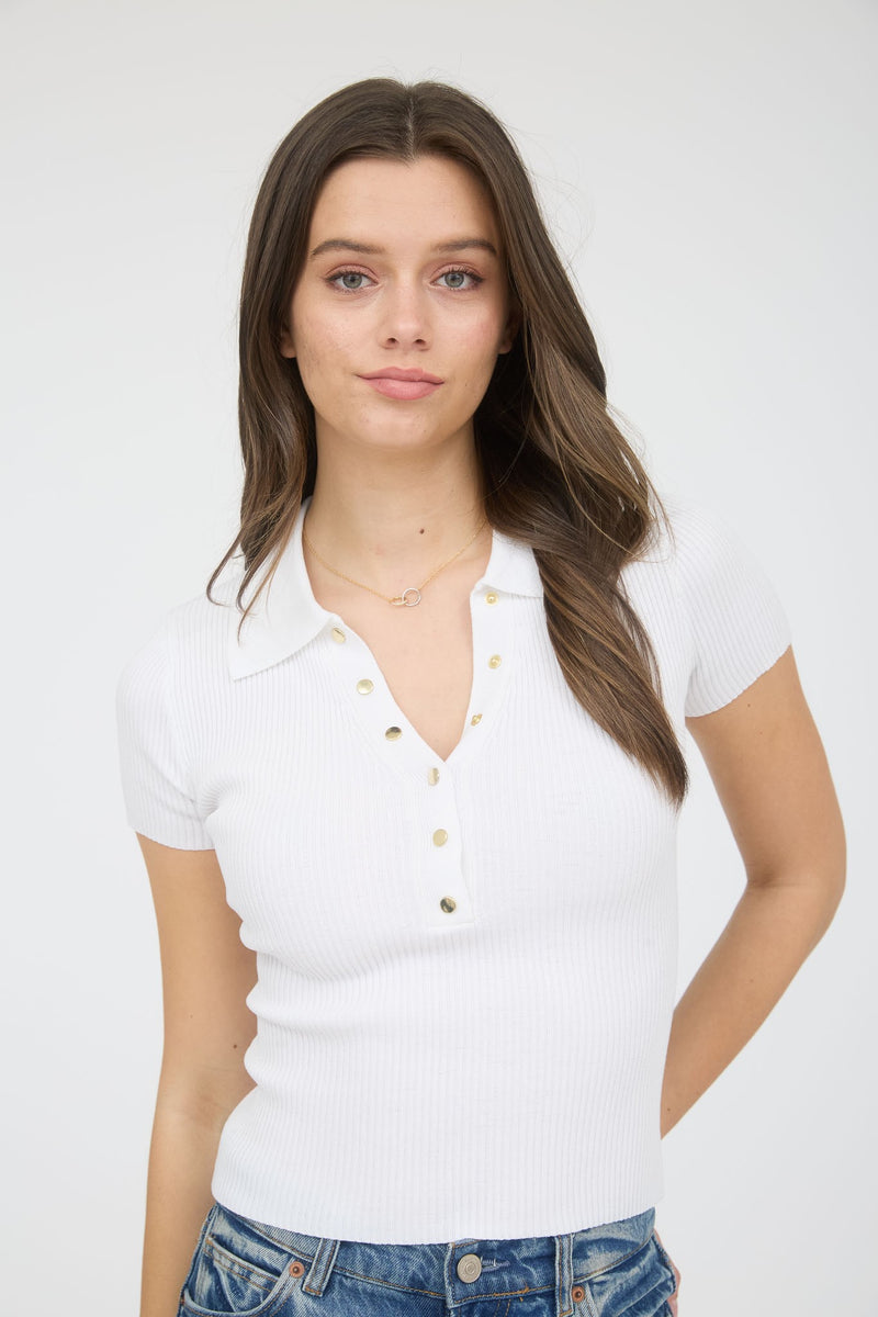 GOLD BUTTON KNIT TOP- WHITE