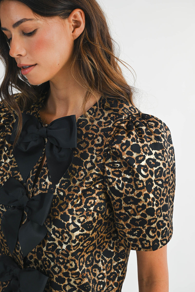 LEOPARD JACQUARD BOW TOP- LEOPARD