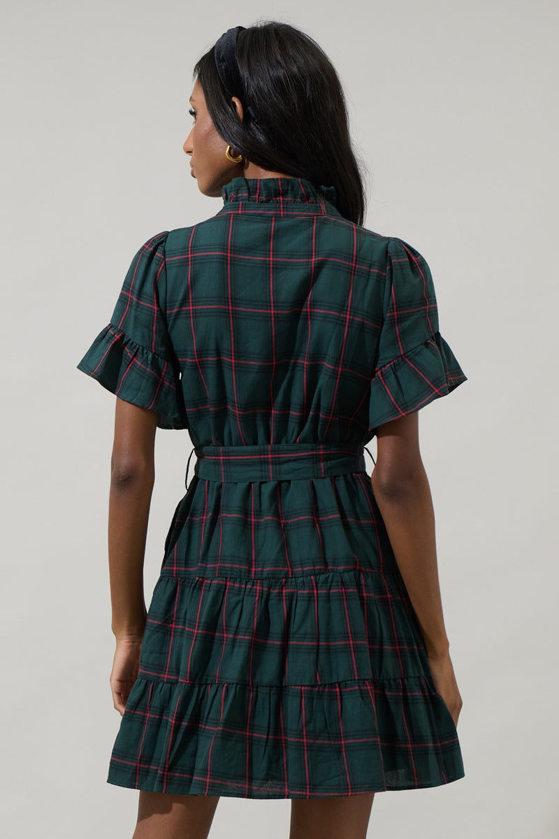 BROOK PLAID BUTTON DOWN DRESS- GREEN