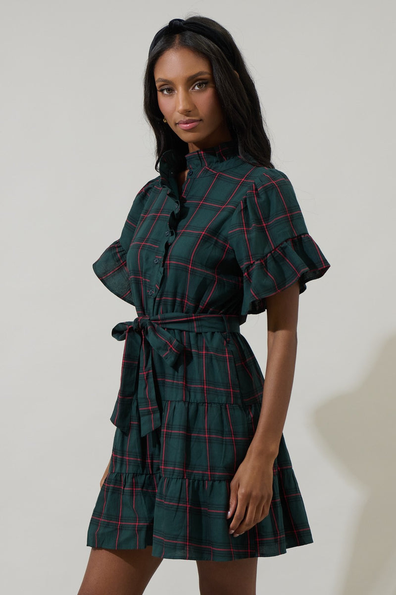 BROOK PLAID BUTTON DOWN DRESS- GREEN