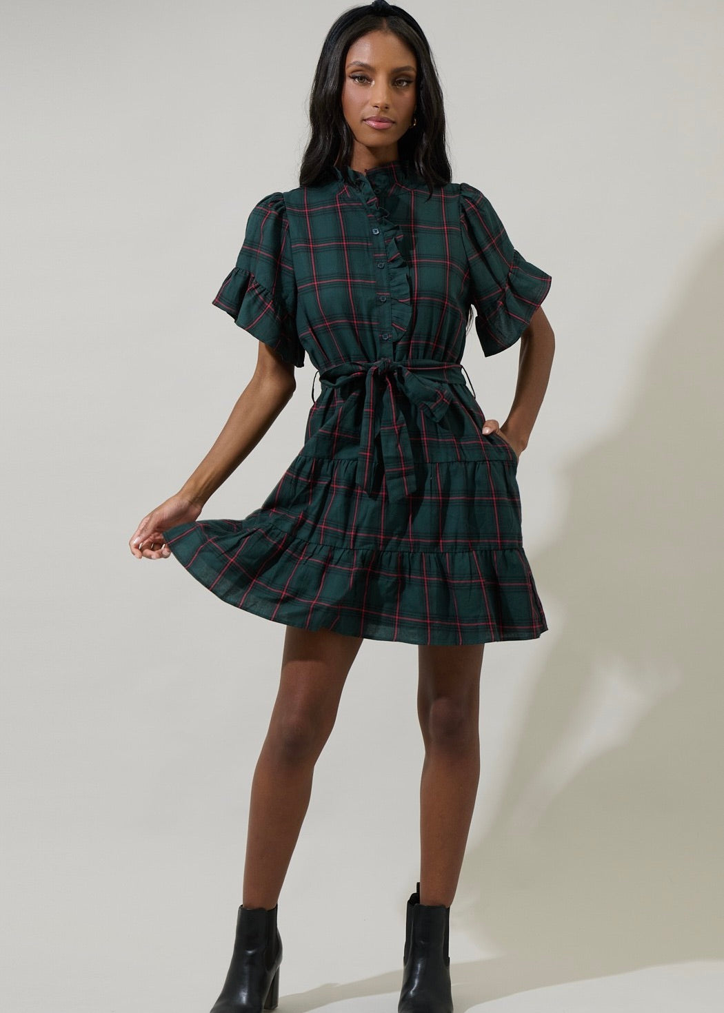 BROOK PLAID BUTTON DOWN DRESS- GREEN Shop Movida BROOK PLAID BUTTON DOWN DRESS- GREEN Shop Movida