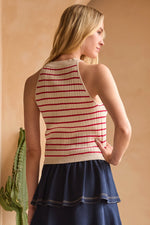 STRIPED RIBBED TANK- RED/IOVRY