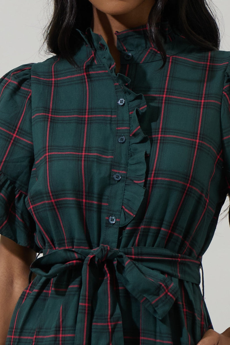 BROOK PLAID BUTTON DOWN DRESS- GREEN