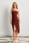 LACE STRAPLESS SLIT DRESS- POMEGRANATE