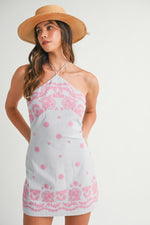 EMBROIDERED HALTER MINI DRESS- LT.BLUE