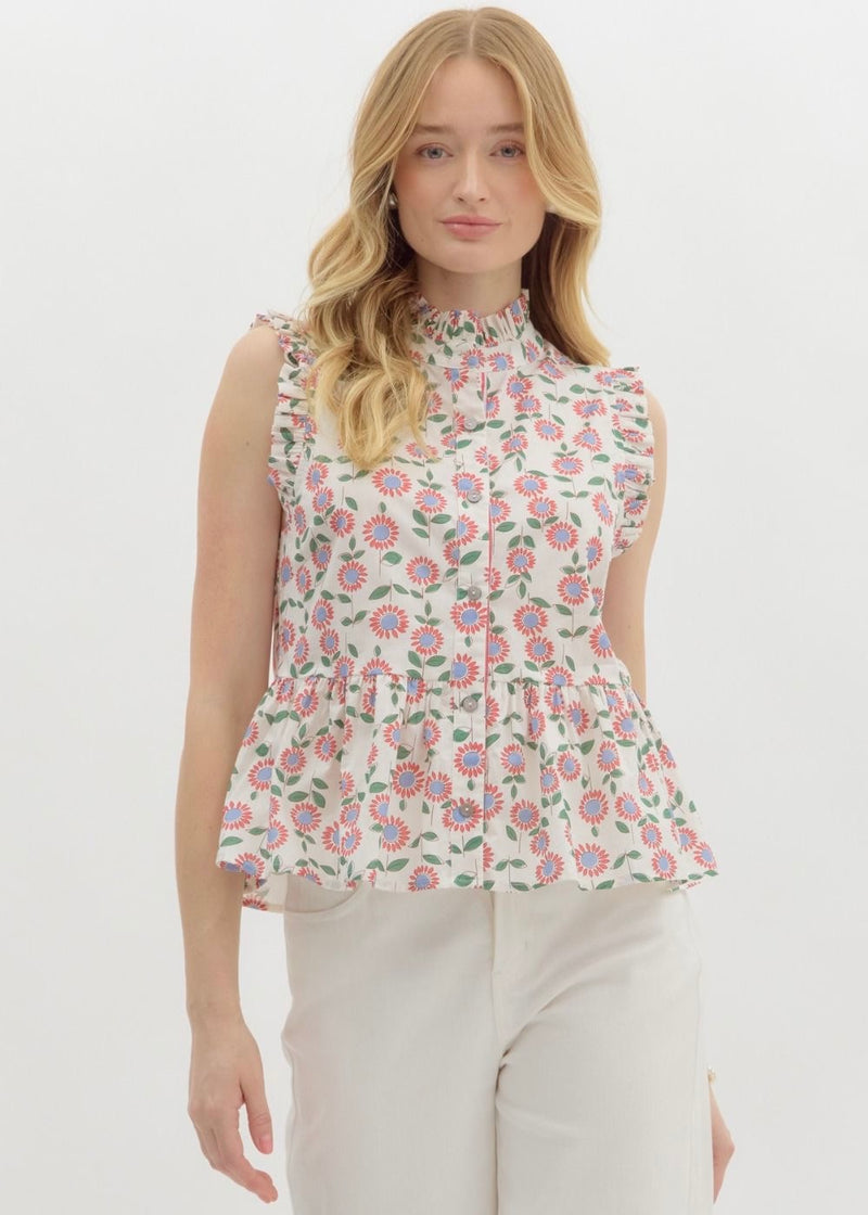 DAISY PEPLUM TOP- RED/WHITE