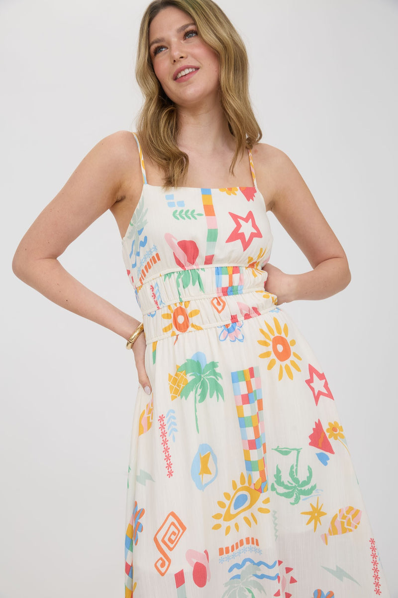 SUMMER MOTIF SUNDRESS- CREAM MULTI