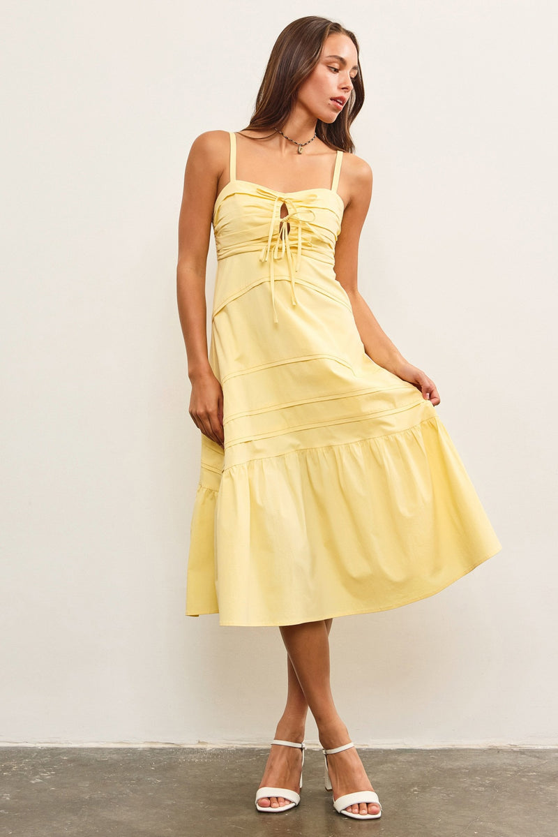 RUCHED TIE FRONT RUFFLE HEM MIDI DRESS- YELLOW