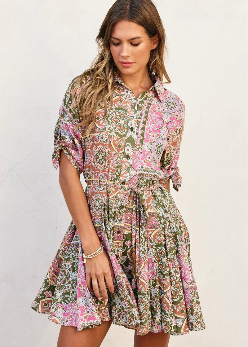 PAISLEY PATCHWORK FLARE DRESS- EVERGREEN