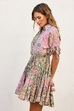 PAISLEY PATCHWORK FLARE DRESS- EVERGREEN