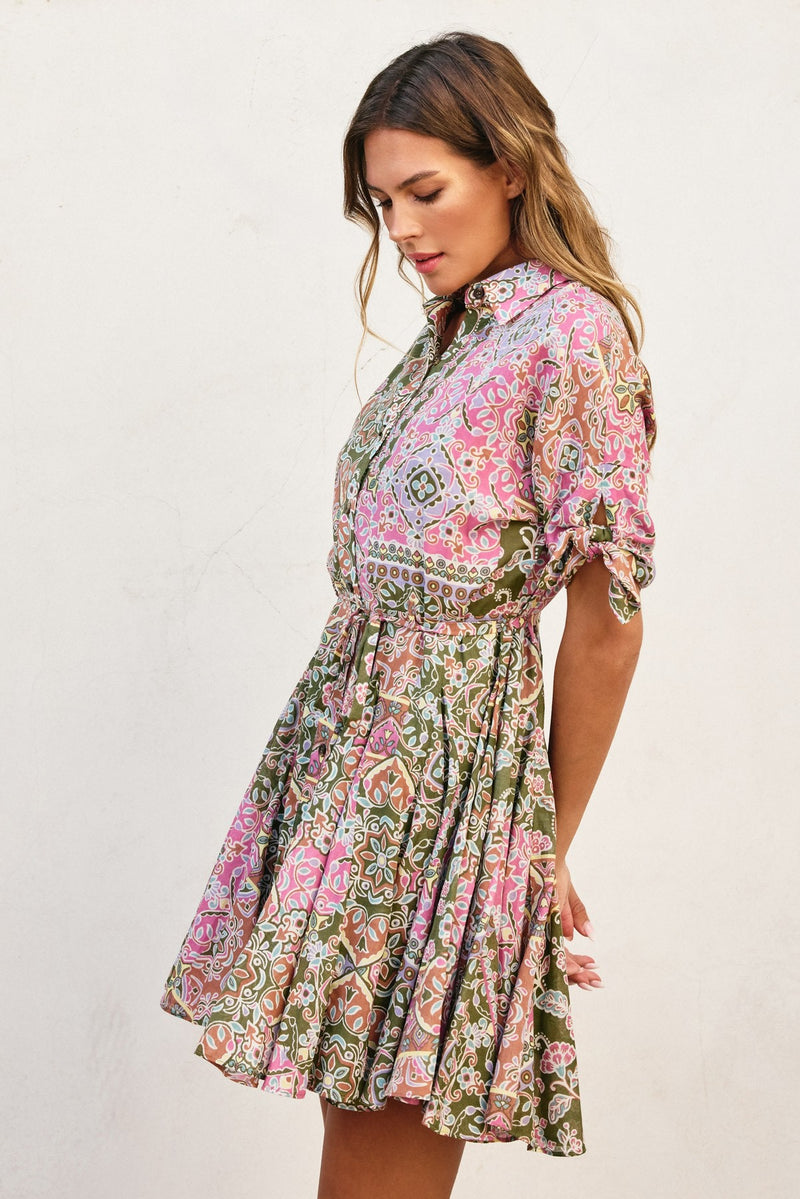 PAISLEY PATCHWORK FLARE DRESS- EVERGREEN
