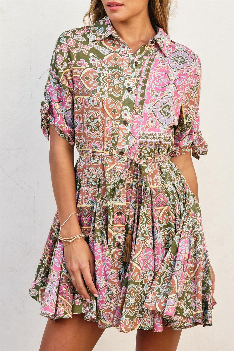 PAISLEY PATCHWORK FLARE DRESS- EVERGREEN