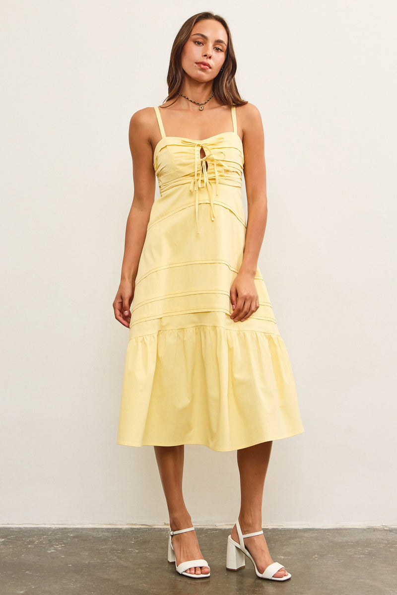 RUCHED TIE FRONT RUFFLE HEM MIDI DRESS- YELLOW