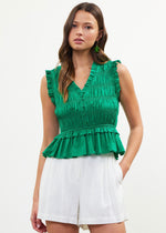 POPLIN SMOCKING PEPLUM TOP- GREEN