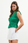 POPLIN SMOCKING PEPLUM TOP- GREEN