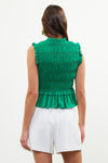 POPLIN SMOCKING PEPLUM TOP- GREEN