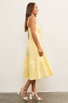RUCHED TIE FRONT RUFFLE HEM MIDI DRESS- YELLOW