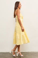 RUCHED TIE FRONT RUFFLE HEM MIDI DRESS- YELLOW