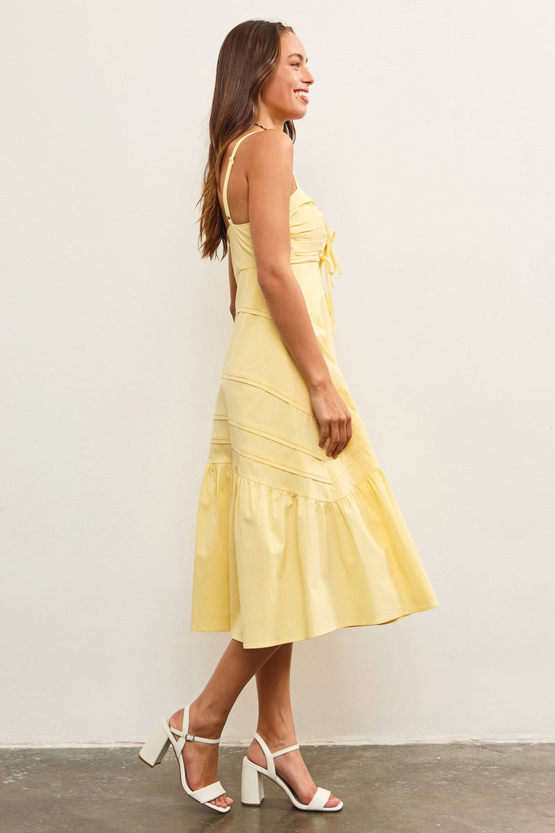 RUCHED TIE FRONT RUFFLE HEM MIDI DRESS- YELLOW
