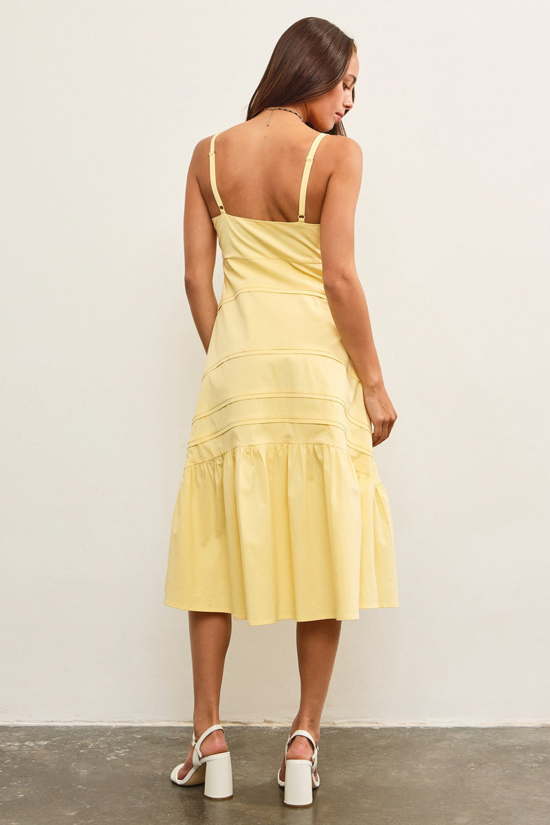 RUCHED TIE FRONT RUFFLE HEM MIDI DRESS- YELLOW