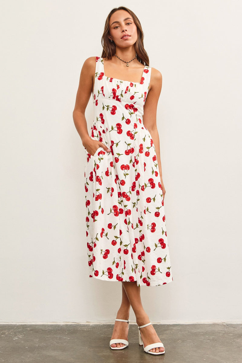 CHERRY MAID MIDI DRESS- WHITE/RED