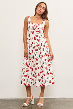 CHERRY MAID MIDI DRESS- WHITE/RED