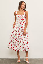 CHERRY MAID MIDI DRESS- WHITE/RED