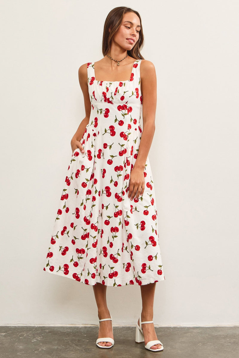 CHERRY MAID MIDI DRESS- WHITE/RED
