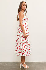 CHERRY MAID MIDI DRESS- WHITE/RED