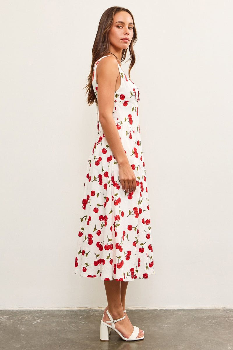 CHERRY MAID MIDI DRESS- WHITE/RED