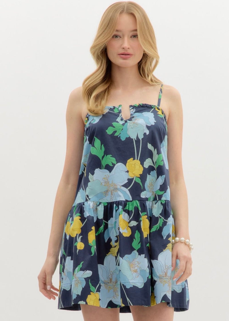 FLORAL U MINI DRESS- NAVY