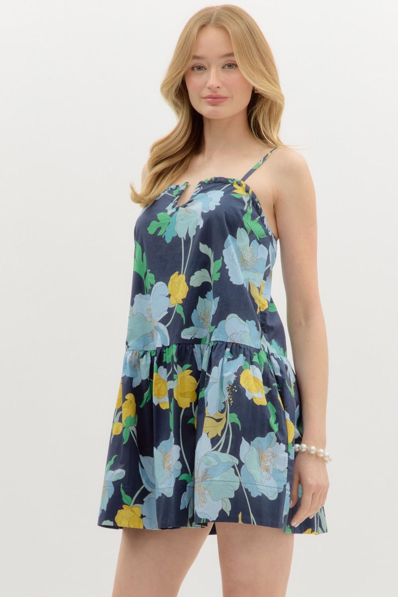 FLORAL U MINI DRESS- NAVY