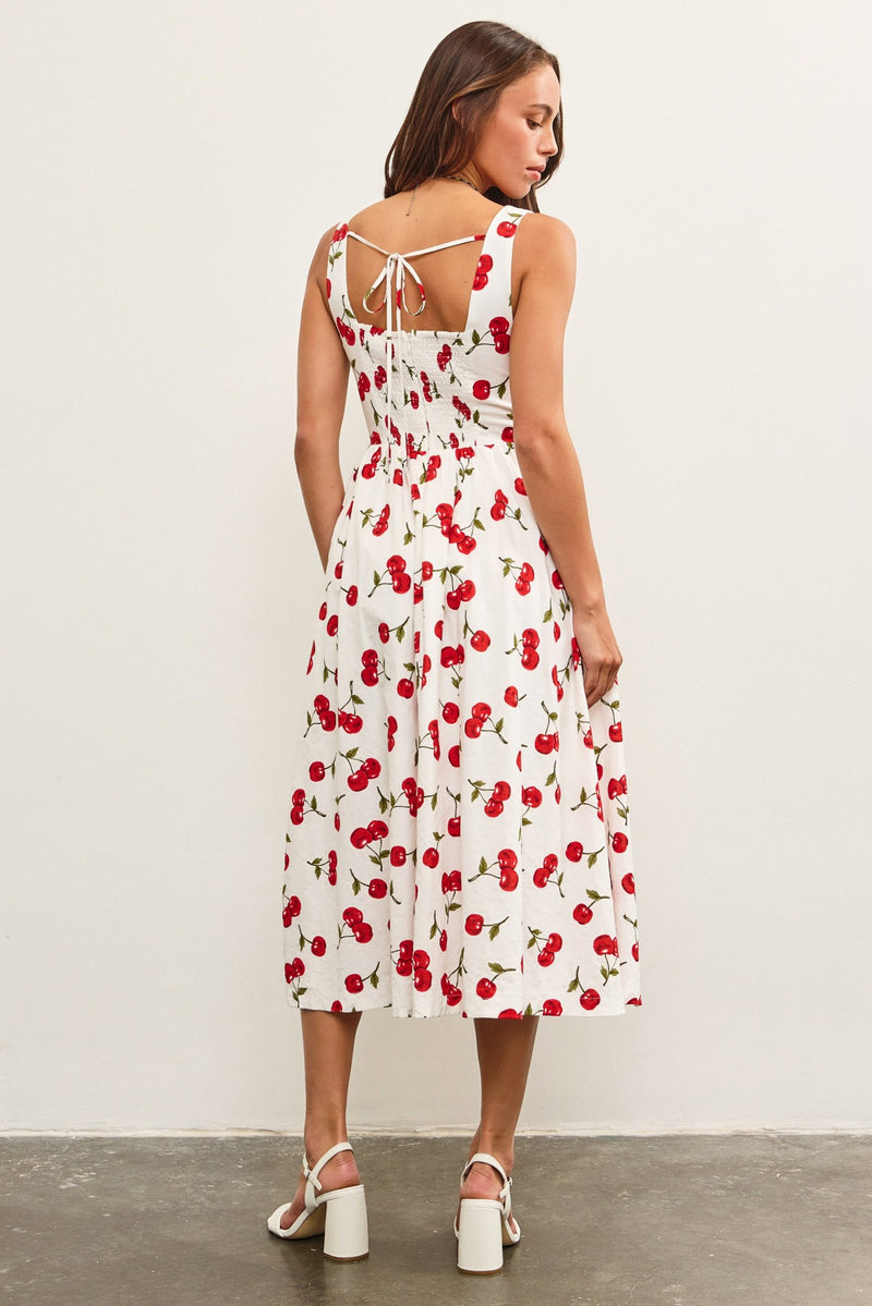 CHERRY MAID MIDI DRESS- WHITE/RED