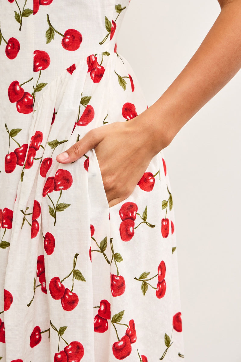 CHERRY MAID MIDI DRESS- WHITE/RED