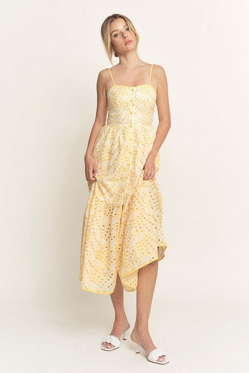 EYELET BUTTON MIDI CAMI DRESS- YELLOW