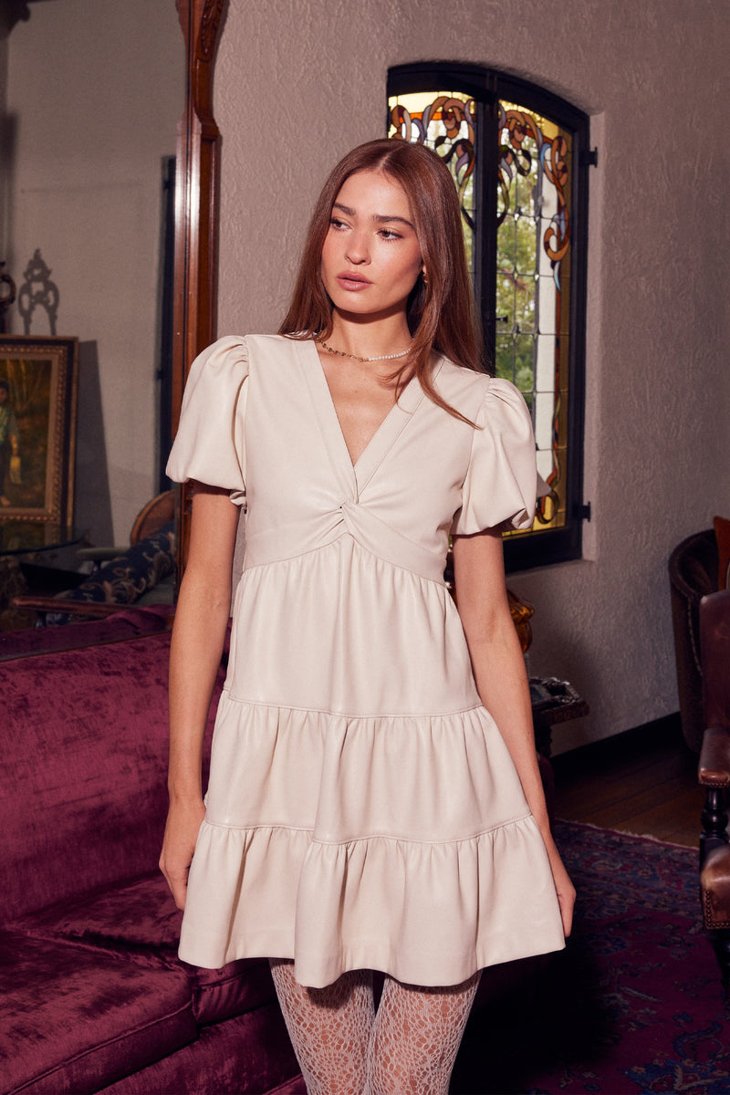 TWIST FRONT VEGAN LEATHER DRESS- IVORY