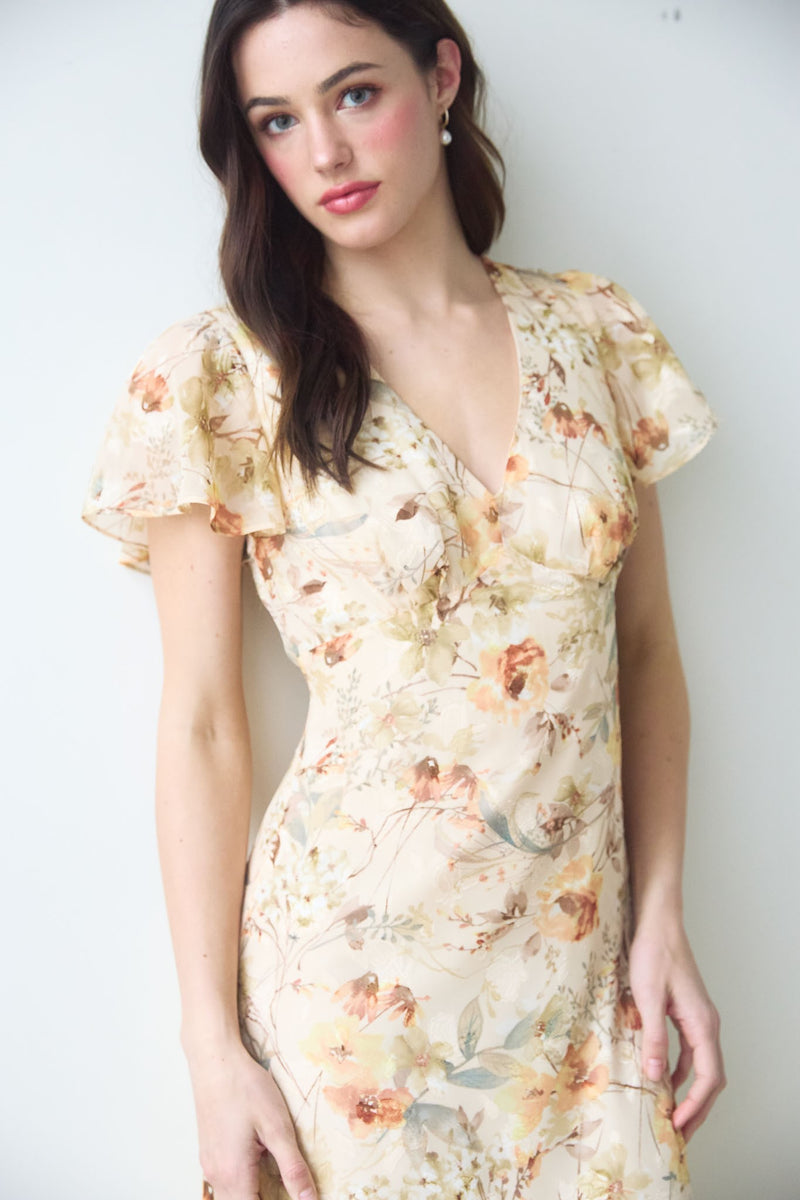 FLORAL BELL MAXI DRESS- NATURAL