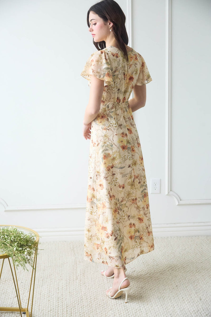 FLORAL BELL MAXI DRESS- NATURAL
