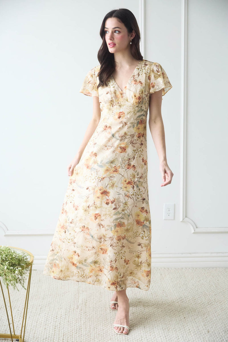 FLORAL BELL MAXI DRESS- NATURAL