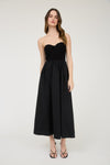 STRAPLESS MIXED MEDIA MIDI DRESS- BLACK