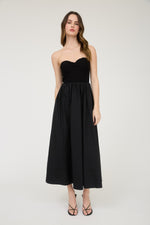 STRAPLESS MIXED MEDIA MIDI DRESS- BLACK