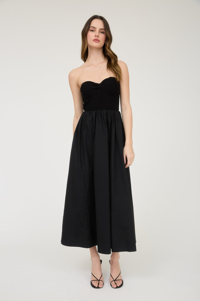 STRAPLESS MIXED MEDIA MIDI DRESS- BLACK