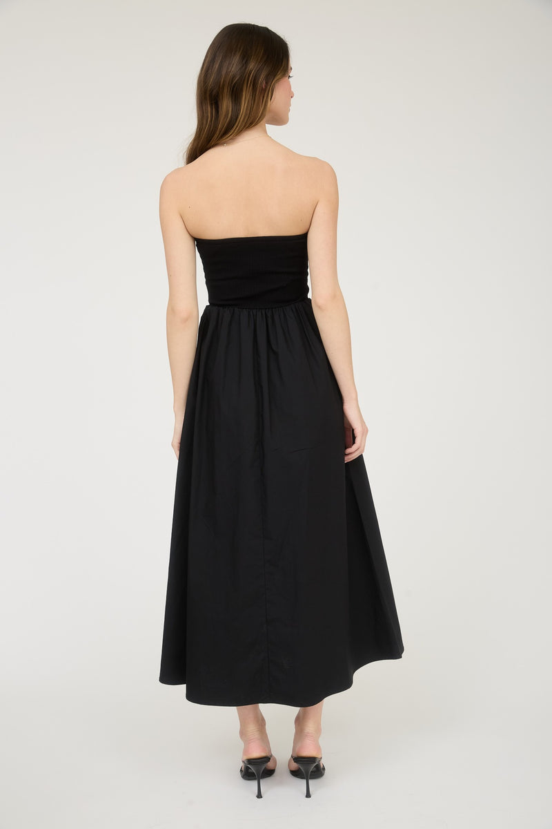 STRAPLESS MIXED MEDIA MIDI DRESS- BLACK