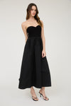 STRAPLESS MIXED MEDIA MIDI DRESS- BLACK