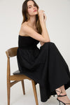 STRAPLESS MIXED MEDIA MIDI DRESS- BLACK