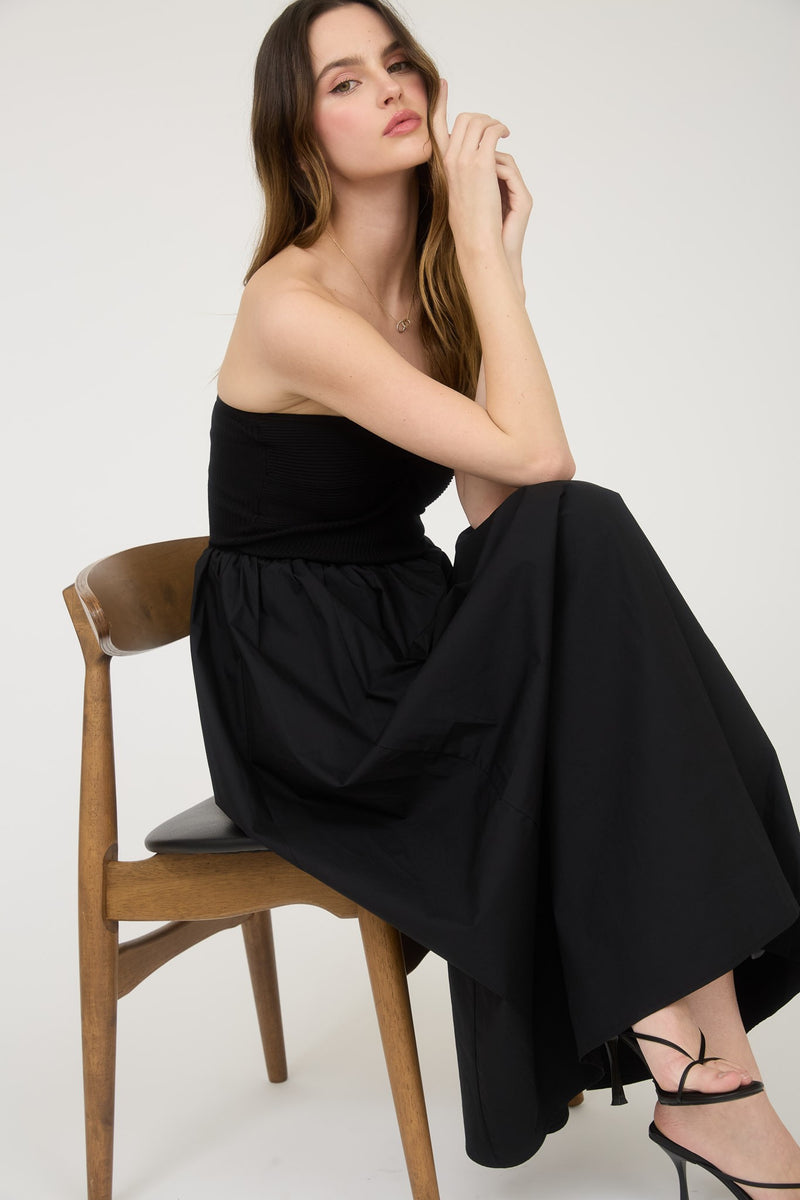 STRAPLESS MIXED MEDIA MIDI DRESS- BLACK