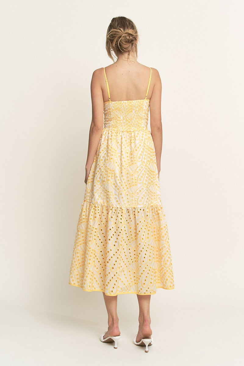 EYELET BUTTON MIDI CAMI DRESS- YELLOW