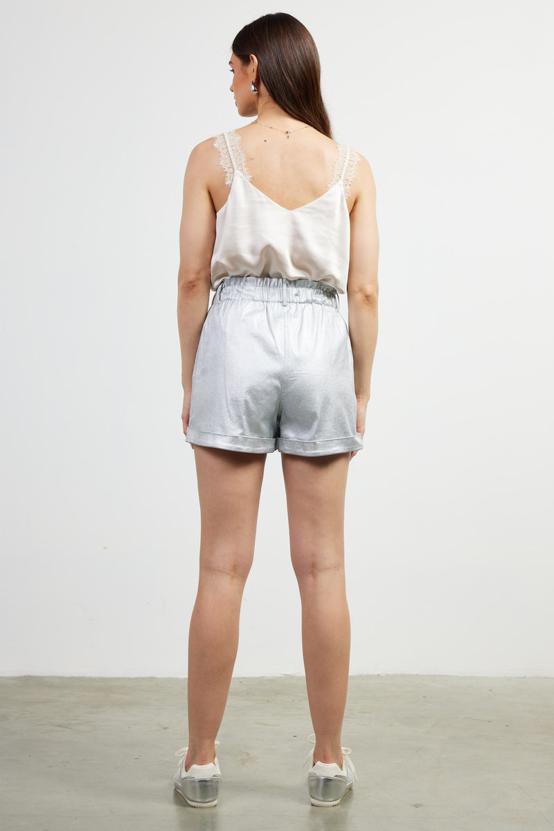 METALLIC ELASTIC SHORTS- SILVER