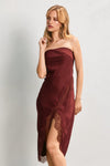 LACE STRAPLESS SLIT DRESS- POMEGRANATE