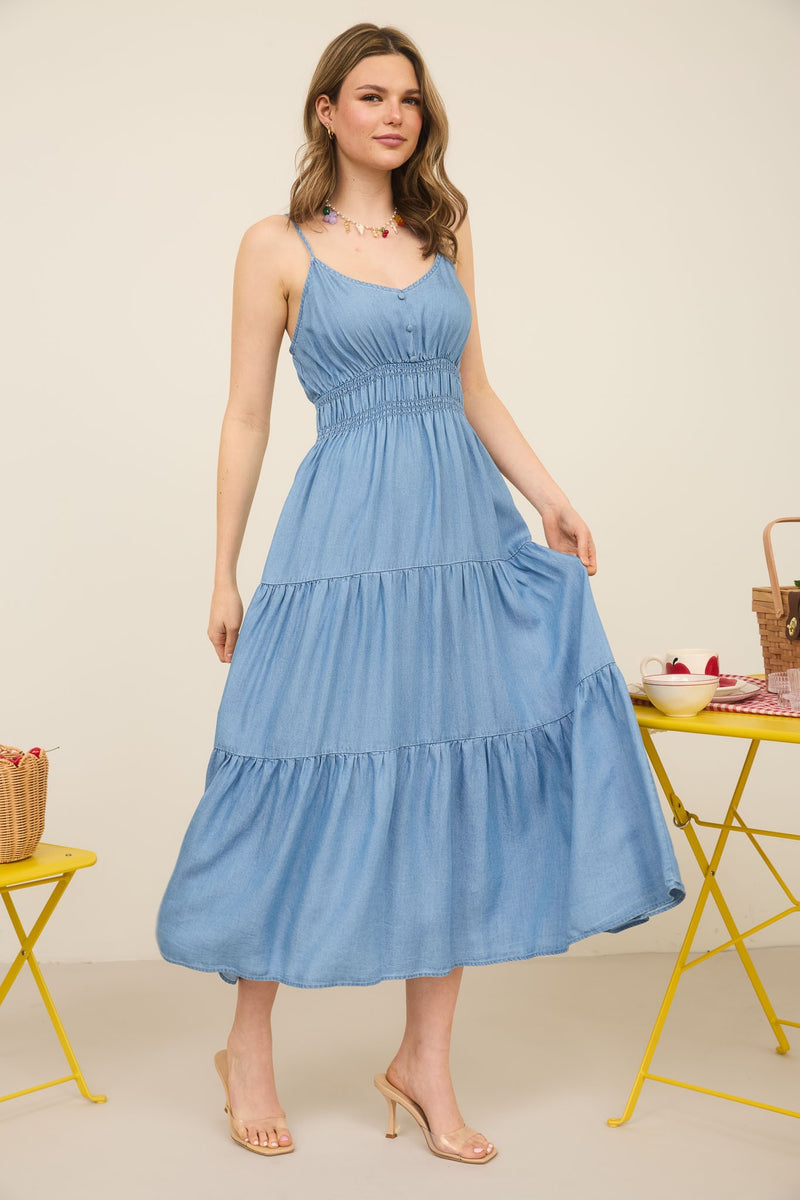 CHAMBRAY TIER MIDI DRESS- CHAMBRAY